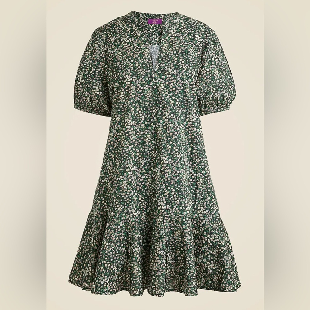 J. Crew Green Puff Sleeve V-Neck Sundress